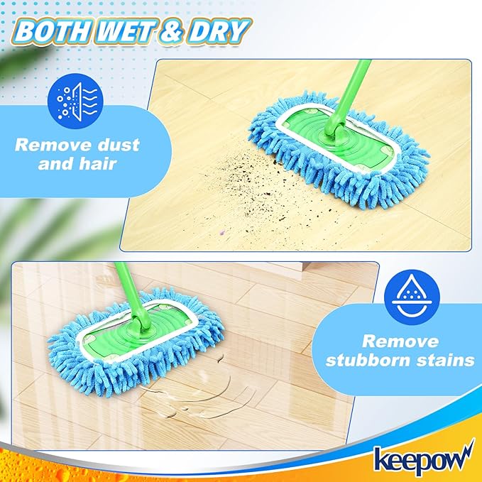 KEEPOW Reusable Microfiber Mop Pads Compatible with Swiffer Sweeper & Mop Deluxe 2-in-1, Wet & Dry Mopping Cloths for All Floors, Compatible with Swiffer Dry Sweeping Cloths for Cleaning (2 Pack)