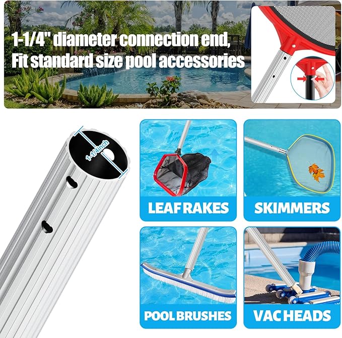 YEECHUN Professional 15 Foot Swimming Pool Pole Telescopic Aluminum Fits Pool Net Skimmer Rake Vacuum Head Brush Cleaning Equipment Heavy Duty,for Skimmer Nets, Vacuum Heads and Brushes