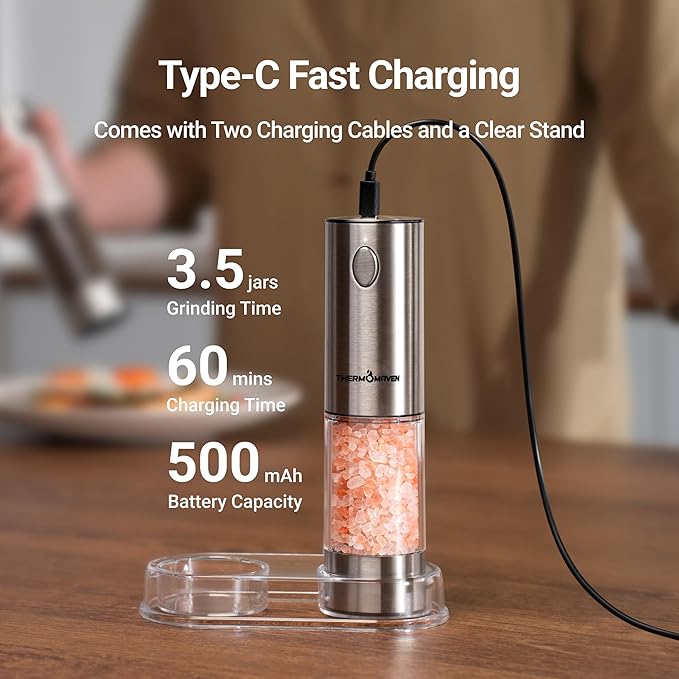 ThermoMaven Electric Salt and Pepper Grinder Set, 110ml Larger Rechargeable Automatic Salt and Pepper Mill Grinder with 6 Adjustable Coarseness, Electric Salt and Pepper Shakers, LED, Midnight Black