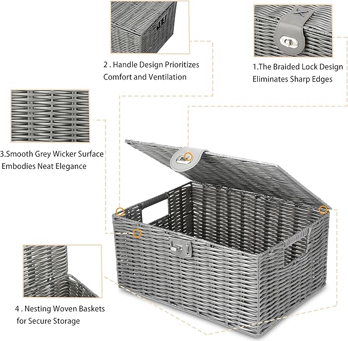 Honygebia Grey Wicker Storage Baskets - Set of 3 Decorative Nesting Boxes with Lids, Woven Basket with Lock & Handle, Organizer for Beauty Makeup Bathroom Decor