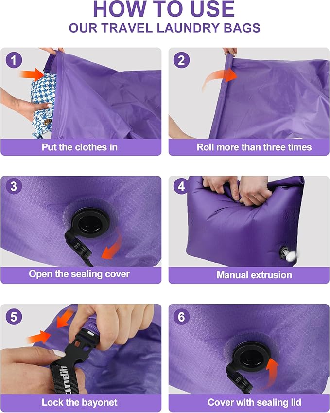 Travel Laundry Bag, Pump-free Vacuum Compression Dirty Clothes Bag, Large Reusable Waterproof & Washable Laundry Bag, Wet and Dry Bag, Ideal for Suitcases, Laundromats (1 Pcs) Purple