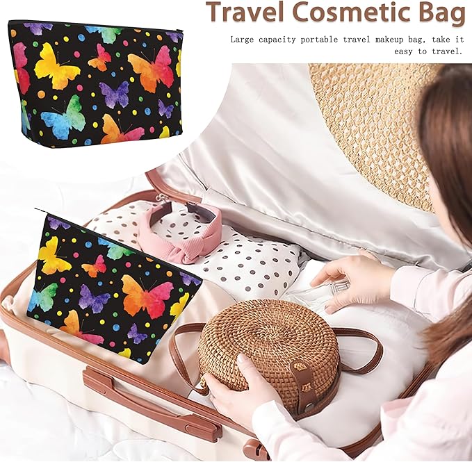 Colorful Butterflies Cosmetic Bag Dots Watercolor Makeup Bags,Travel Make up Bags for Women Girls Cute Zipper Pouch Toiletry Organizer Bag Travel Essentials