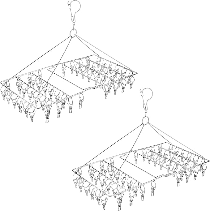 2 Pack Large Collapsible Clothes Drying Hanger, Stainless Steel Metal Laundry Drying Rack for Sock, Diapers, Underwear, Lingerie, Hat, Mask and Herbs (Total 104 Clips)