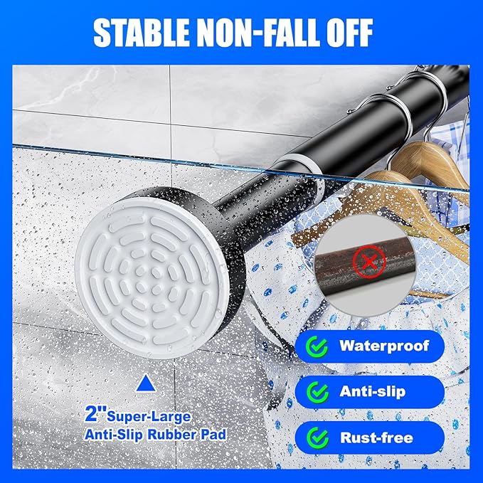 Ausemku Shower Curtain Rod - 32-92 Inch Rustproof Tension Rod, Non-Slip Spring Design, No Drilling Adjustable Curtain Rod for Bathroom, Kitchen, and Closet (Black)