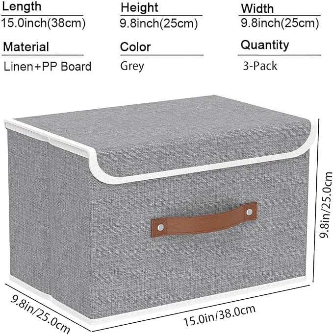 Yawinhe Collapsible Storage Bin, Cube Organizer Basket, Fabric Box with Lids, Washable and Leather Handle, for Home, Closet, Grey, 15.0''Lx9.8''Wx9.8''H, 3-Pack, USNK024GL-3