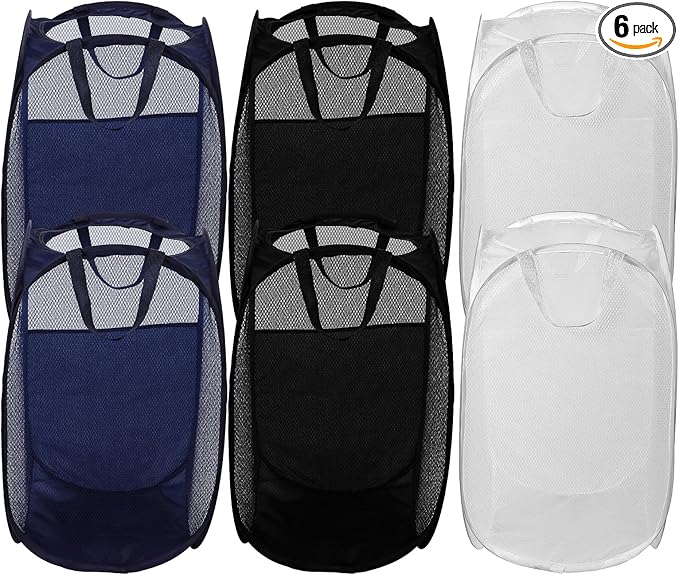 6Pcs Pop up Hampers for Laundry Foldable Mesh Laundry Hamper Baskets with Sturdy Handles Pop up Hamper Dirty Clothes Baskets for Bedroom College Dorm Travel Storage (Black/White/Blue)