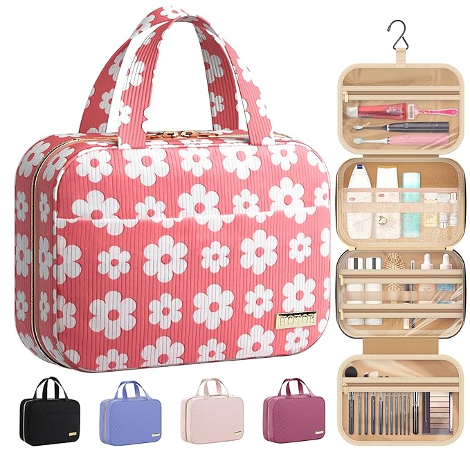 HOTOR Travel Toiletry Bag - Hanging Toiletry Bag for Women & Men, Makeup Bag/Large Compartment, Waterproof for Travel Accessories, Travel Essentials, Medium, Pink with White Daisy