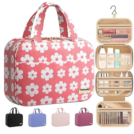 HOTOR Travel Toiletry Bag - Hanging Toiletry Bag for Women & Men, Makeup Bag/Large Compartment, Waterproof for Travel Accessories, Travel Essentials, Medium, Pink with White Daisy