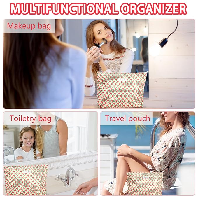 ZLFSRQ Flower Makeup Bag Travel Cute Floral Cosmetic Bag for Women Girls Small Red Flower Makeup Zipper Portable Storage Toiletry Pouch for Purse Aesthetic Christmas Essential Cosmetic Organizer