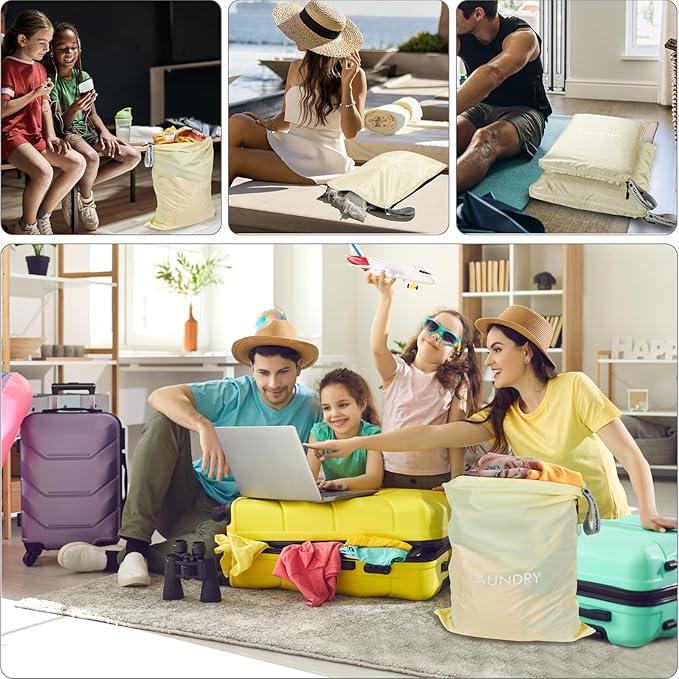 Travel Laundry Bag (2 Pcs - Large + Medium) - Foldable Waterproof Washable Wet Dry Bag for Gym, Swimming, Yoga, and Workout Perfect for Dirty Clothes, Bathing Suits, Travel Accessories (Beige)