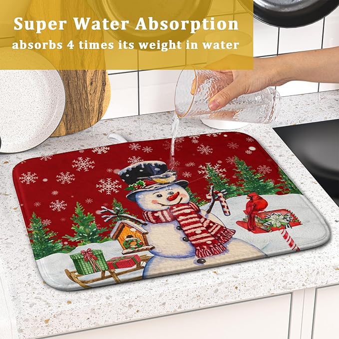 Winter Snowman Dish Drying Mat Red Bird Microfiber Dish Pad 16x18 Inch Absorbent Fast Dry Dishes Draining Mats Holiday Kitchen Accessories