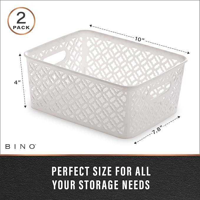 BINO l Plastic Storage Baskets, Medium - White | THE BLOSSOM COLLECTION l Multi-Use Organizer Bin l Built-in Handles l Plastic Woven Basket for Organizing l Pantry & Home Organizing Basket