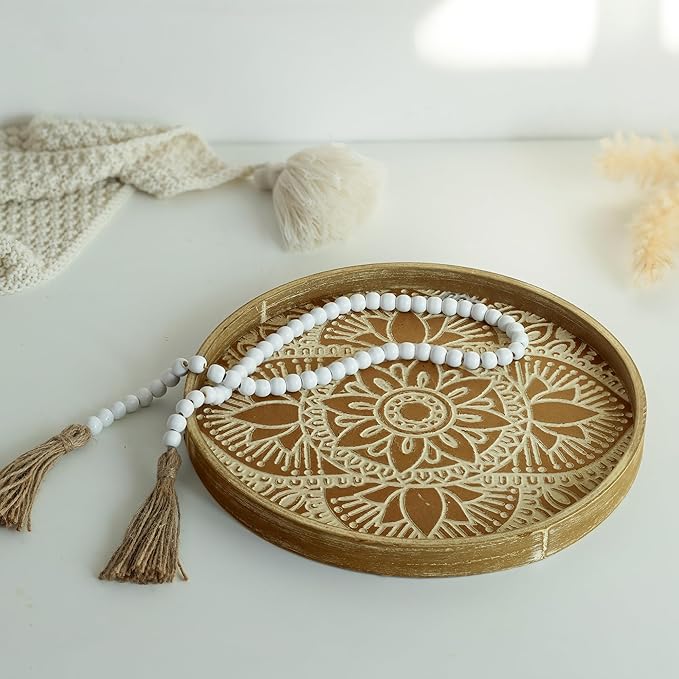 Hanobe Round Decorative Tray for Centerpiece: 2Pcs Vintage Coffee Table Trays with Boho Bead Garland for Home Decor - Farmhouse Wood Serving Platter Circle for Kitchen Counter Women