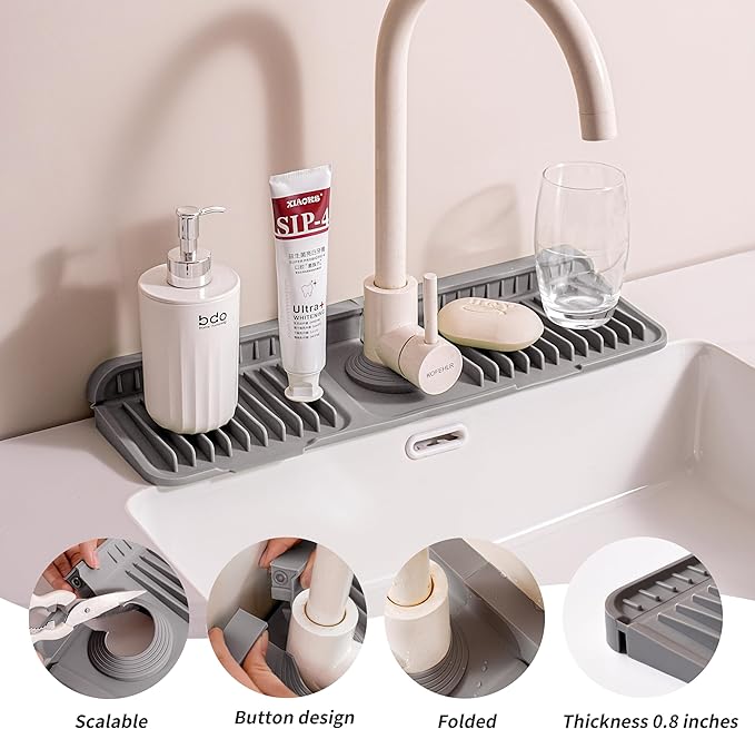 14.57" Silicone Sink Splash Guard - Essential Kitchen Sink Accessory with Drip Tray, Sponge Holder & Soap Dish, 6°Slope for Easy Drainage, Foldable & Fasten Button for Perfect Fit（Grey）