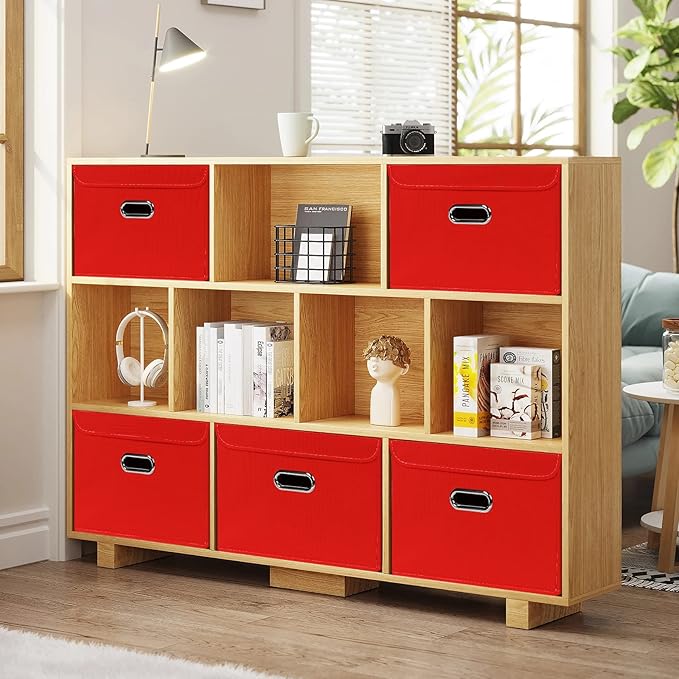 Linen Fabric Foldable Collapsible Storage Cube Bin Organizer Basket Fabric Storage Bins with Lid, Leather Handles, Removable Divider for Home, Closet, Red 3Pcs