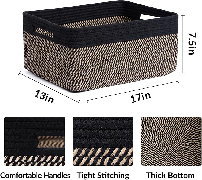 MiniArk Large Storage Baskets for Shelves, Closet Organizer Bins for Clothes, Blanket, Towels, Baby Nursery, Toy Box, Woven Rope Baskets, 17 x 13 x 7.5”, 3 Packs, Woven Brown