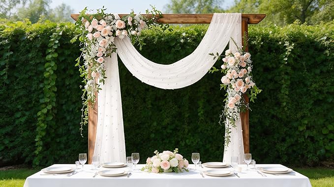 Socomi Pearl Table Runner Ivory White Summer Wedding Arch Draping Fabric 19FT Sheer Tulle Chiffon Gauze Cheese Cloth Outdoor Drapes for Birthday Party Baby Shower Bridal Engagement Decor