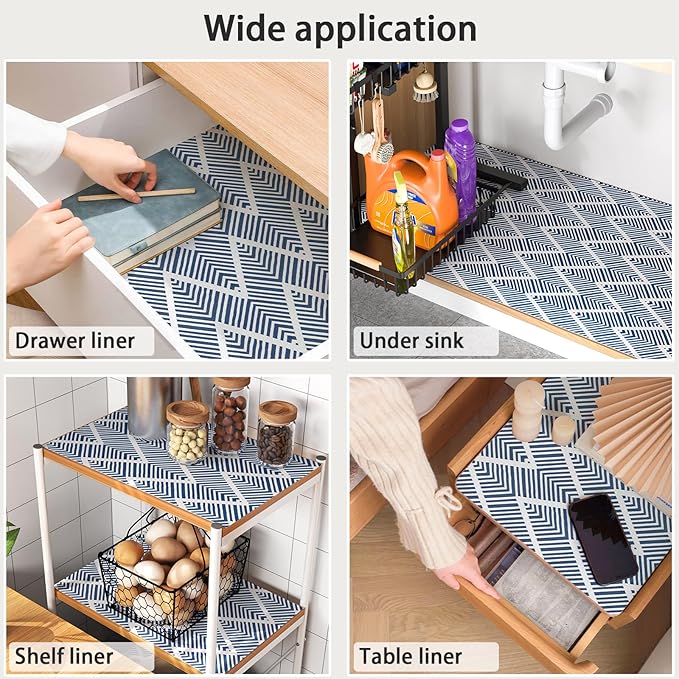 Cohoo Home Drawer and Shelf Liners for Kitchen Cabinets, Non-Adhesive, Non-Slip Cabinet Liners for Shelves, Drawer Paper, Cupboard, Strong Grip, Bathroom, Waterproof, Washable, Thick, Blue Stripe, 12in × 11.8FT