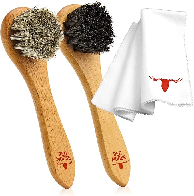 3pc Shoe Shine Kit - Shoe Brush and Cleaning Cloth Set - [2] Premium Horsehair Cleaning Brushes and X-Large Buffing Cloth - Leather Polish and Care Set for Shoes and Boots - Red Moose