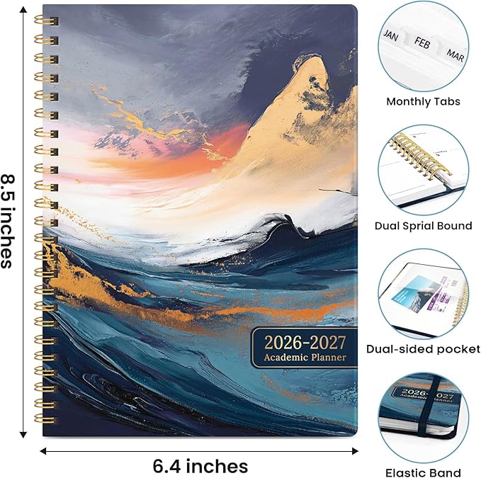 Academic Planner 2026-2027, Weekly and Monthly Calendar Book, July 2026 – June 2027, Hardcover Planner with Tabs, Perfect for Teachers, Students, Women & Men, A5 (6.4" x 8.5") - Abstract