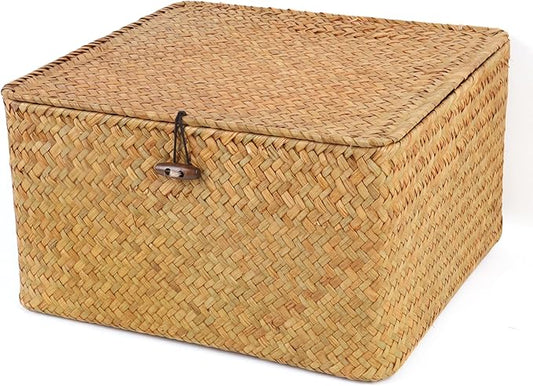 Wicker Shelf Baskets with Lid, Handwoven Seagrass Storage Basket Bins Square Gift Boxes for Shelves Home Decor Organizer (Natural, Large)