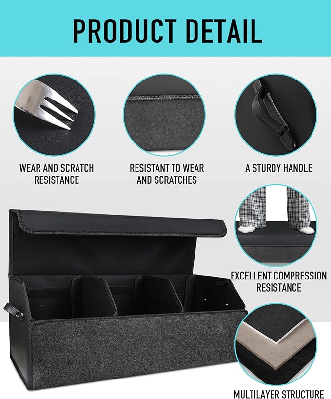 Fyzeoty Car Organizers for Trunk for SUV Sedan, Leather Storage Box, Extra Large, Magnetic Lid, Collapsible and Adjustable, S004, Black