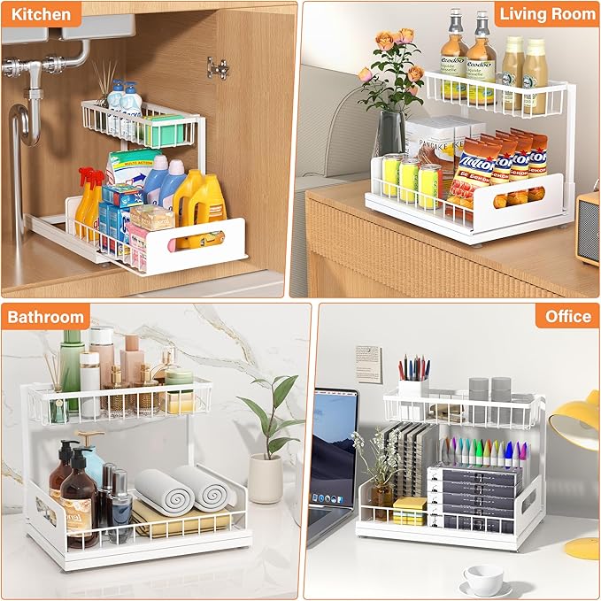 2 Pack Under Sink Organizer, 2 Tier Pull Out Cabinet Organizer,Slide out Metal Cabinet Organizers Multi-Purpose Drawer Shelf for Kitchen Bathroom Pantry Cabinet Closet Organization Rack,White