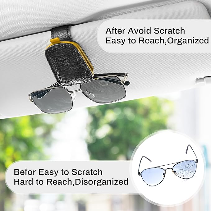 SINGARO Sunglasses Holder for Car, Leather Magnetic Buckle Sun Visor Sunglass Clip, Ticket Card Storage Glasses Clip, Car Interior Accessories for Men and Women（2PCS Black-Yellow）