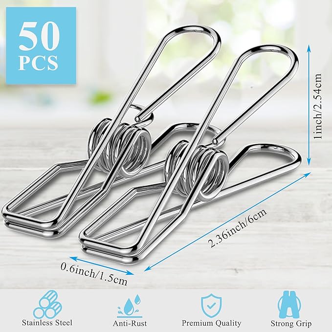 50 Pack Clothes Pins for Hanging Clothes, Stainless Steel ClothesPins Heavy Duty Outdoor Wire Clothes Pins Large Laundry Pins Metal Clips, 2.36inch/6cm