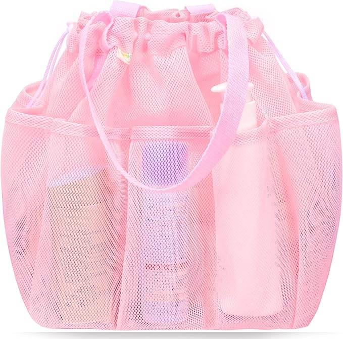 Mesh Shower Caddy Portable with Drawstring, Dorm Room Essentials for College Students Girls, Large Shower Bag for Camping, Swimming, Gym, Travel, Bathroom - Pink