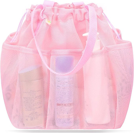 Mesh Shower Caddy Portable with Drawstring, Dorm Room Essentials for College Students Girls, Large Shower Bag for Camping, Swimming, Gym, Travel, Bathroom - Pink