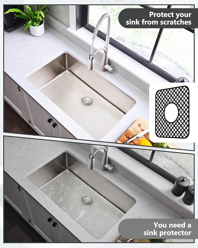 2 Pack Silicone Sink Protector for Kitchen Sink, Lozenge Pattern 13 x 11 inches Sink Grid Mat Silicone Protectors, Center Drain, Black