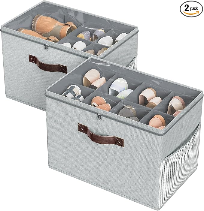 Budding Joy 2 Pack Shoe Organizer for Closet, Clear Foldable Shoe Storage Containers Adjustable Dividers Fits 16 Pairs, Shoe Storage Bins Baskets Boxes with Reinforced Handles Light Grey