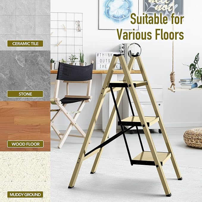 3 Step Ladder, Aluminum Folding Step Stool for Adults, Step Ladder with Wide Anti-Slip Pedal, 330 lbs Capacity for Home, Office, Kitchen, Library (Gold)
