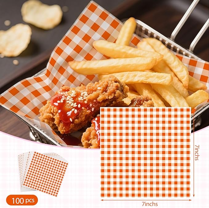100pcs Waxed Deli Paper Sheets, 7x7" Food Basket Liners for Sandwiches, Burgers. Classic Checkered Deli Wrap Wax Paper Sheets by Neyimqr (Orange)