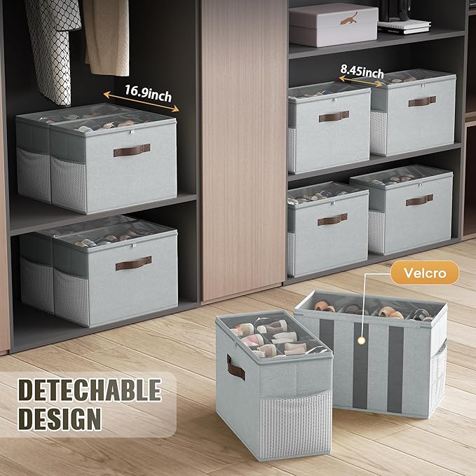 Budding Joy 2 Pack Shoe Organizer for Closet, Clear Foldable Shoe Storage Containers Adjustable Dividers Fits 16 Pairs, Shoe Storage Bins Baskets Boxes with Reinforced Handles Light Grey