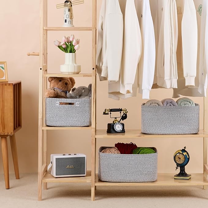 MiniArk Large Storage Baskets for Shelves, Closet Organizers Bins for Clothes Blanket Towels, Baby Nursery, Toy Baskets Box, Woven Rope Baskets, 17 x 13 x 7.5”, 2 Packs Mixed Grey