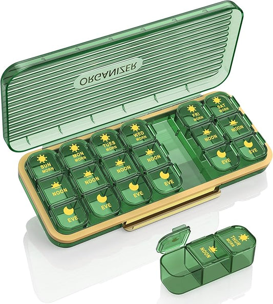 Pill Organizer 3 Times A Day, 7-Day Pill Box 3 Times A Day - Acedada Weekly Medicine Box Organizer, 7 Detachable Portable Daily Pill Container Dispenser Case for Vitamins Fish Oils Supplements, Green