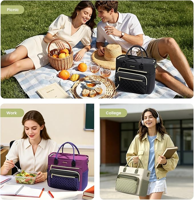 LOVEVOOK Insulated Lunch Bag Women,Wide Opening Adult Lunch Box Women with Cup Holder,Large Leakproof Cooler Bag for Work Picnic Beach Family College Mom,Lunch Teacher Breast Pump Diaper Tote Bag