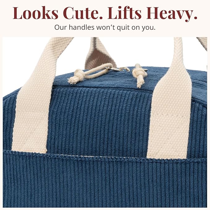 LOVELYWIND Insulated Navy Blue Lunch Bag for Women, Stylish Corduroy Tote with Aluminum Lining, Large Capacity Reusable Cooler for Work, Travel, or Beach, Beige Cream Water-Resistant Lunch Box