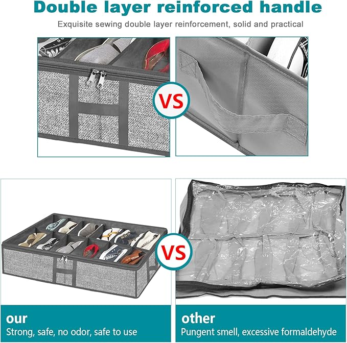 Under Bed Shoe Storage Organizer for Closet 2 Pack - Fits 24 Pairs Underbed Shoes Rack Container Boxes with H Shape Sturdy Handles and Clear Window, Foldable Shoe Rack Holder, Grey