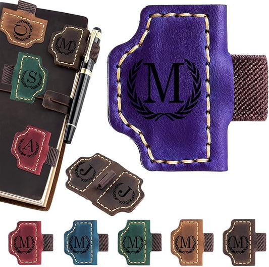 Artlaza Personalized Magnetic Leather Bookmark with Pen Holder - 26 Letters Custom Book Mark with Name Initial Engraved Book Marker for Readers, Book Lovers, Travelers - Gift for Women & Men(Purple，M