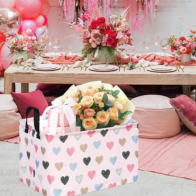 KUNRO Rectang Heart Valentine's Storage Basket Gift Shelf Basket Storage Bin, Nursery Basket Organizer Box for With Handles for Room Deco