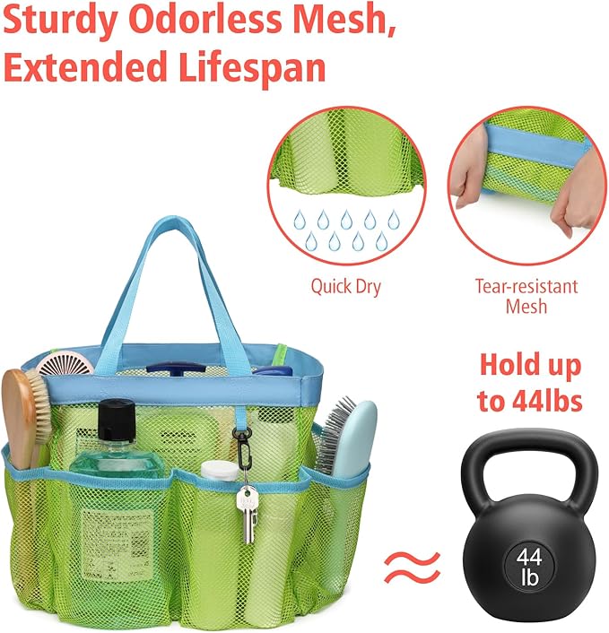 F-color Mesh Shower Caddy Portable, Upgraded Deeper 7 Pockets Shower Bag Basket Bag Tote for College Dorm Room Toiletry Bathroom Essentials Gym Camp Quick Dry 2 handles with S Hook