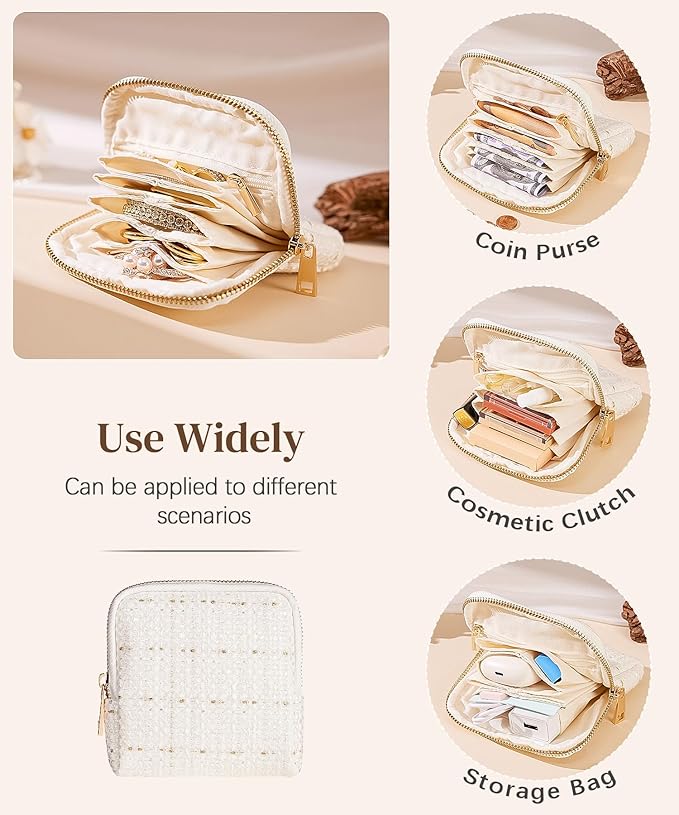 Women Travel Jewelry Case: Soft Bag with 5 Pouches for Ring Earring Necklace - Christmas and Birthday Gifts Choice (White)