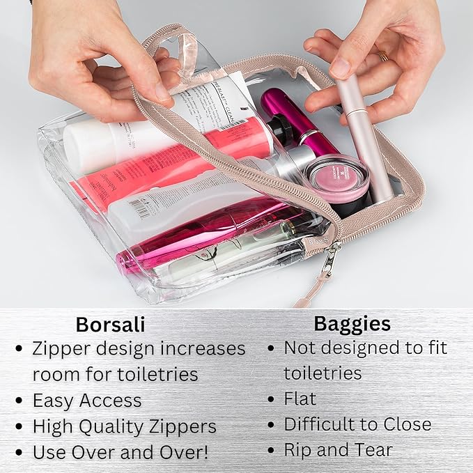BORSALI TSA Approved Toiletry Bag - Clear Quart Size for 3-1-1 Carry On Travel - Makeup Organizer Cosmetic Pouch with Zipper - Travel Accessories - Taupe