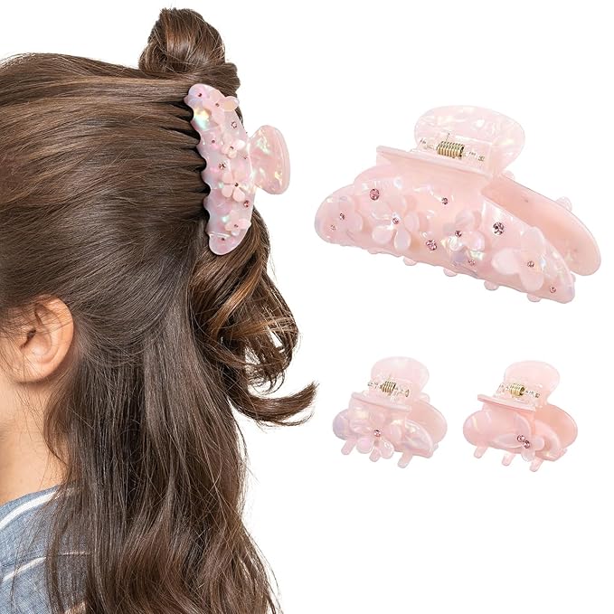 3PCS Acrylic Flower Hair Claw Clips - 2 Styles Durable Medium Small Claw Clips for Women, Strong Hold Cute Non Slip Stylish Accessories Decroation Buns for Thick Thin Hair (pink)