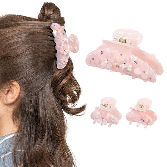 3PCS Acrylic Flower Hair Claw Clips - 2 Styles Durable Medium Small Claw Clips for Women, Strong Hold Cute Non Slip Stylish Accessories Decroation Buns for Thick Thin Hair (pink)