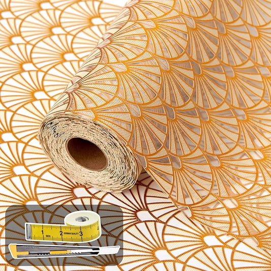 Shelf and Drawer Liner for Kitchen Cabinet,Non-Adhesive Waterproof Oil-Proof Easy Clean Shelf Liner for Dresser & Bathroom Vanities with Adhesive Dots & Cutting Tool(12 in X 10 Ft Gold Fish Scale)