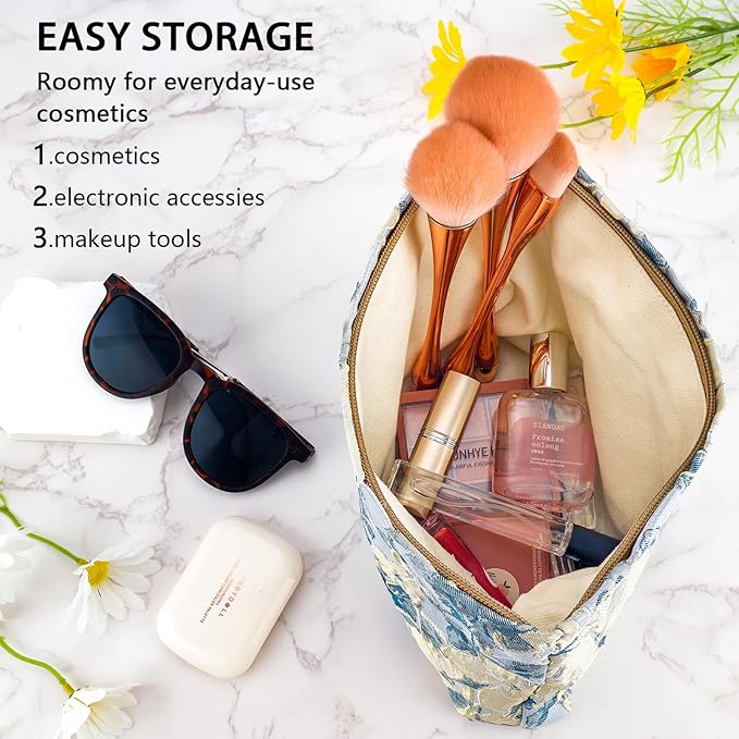 ZLFSRQ Flower Makeup Bag for Women Girls Travel Cute Floral Cosmetic Bags Large Cosmetic Pouch Purse with Zipper Portable Toiletry Bag Aesthetic Embossed Blue Beige Makeup Brushes Storage Organizer